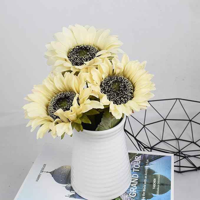 White Artificial Sunflower Flowers 8 Pcs Single Long Stem Silk Fake Sunflowers Bridal Wedding Bouquet Fake Yellow Flower Arrangements for Outdoor