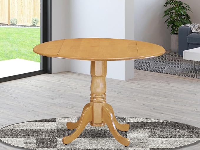 East West Furniture DLT-OAK-TP Dublin Dining Room Table - a Round kitchen Table Top with Dropleaf & Pedestal Base, 42x42 Inch, Oak
