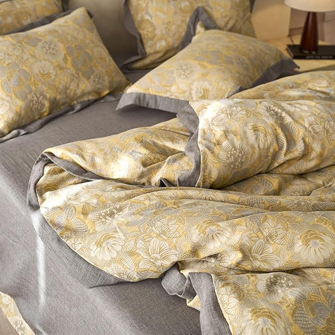 mixinni Duvet Cover Queen, Premium Cotton Double-Layer Yarn Golden Floral Jacquard Reversible Grey Comforter Cover with Edge Design, Farmhouse Bedding Set with 2 Pillowcases Perfect for Him and Her