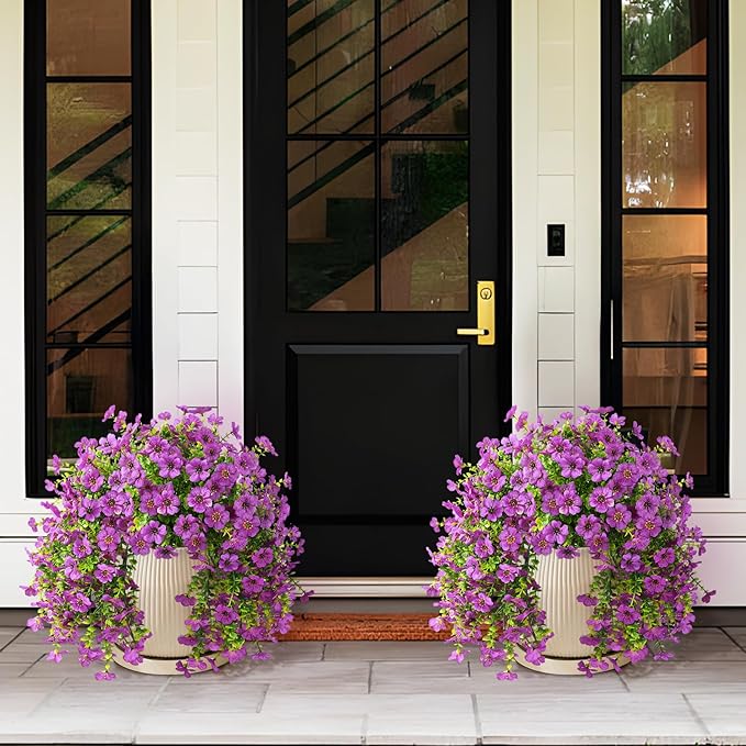 Homsunny Artificial Fake Flowers Plants for Outdoor Spring Summer Decoration, 2PCS Faux Daisy Silk Flowers Outside No Fade UV Resistant Realistic Home Decor for Porch Patio Balcony (Purple)