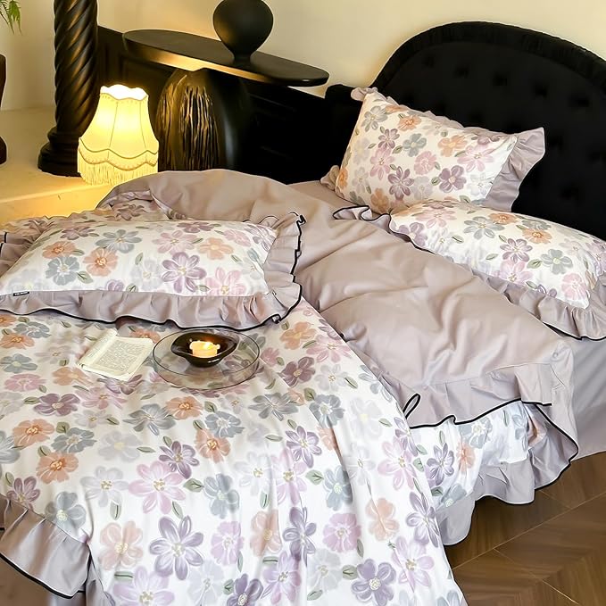HighBuy Cottagecore Floral Ruffle Duvet Cover Queen for Kids Girls,Coquette Bedding Ruffle Duvet Cover Set Shabby Chic Brushed Cotton Bedding Set Breathable Durable Luxury with Zipper