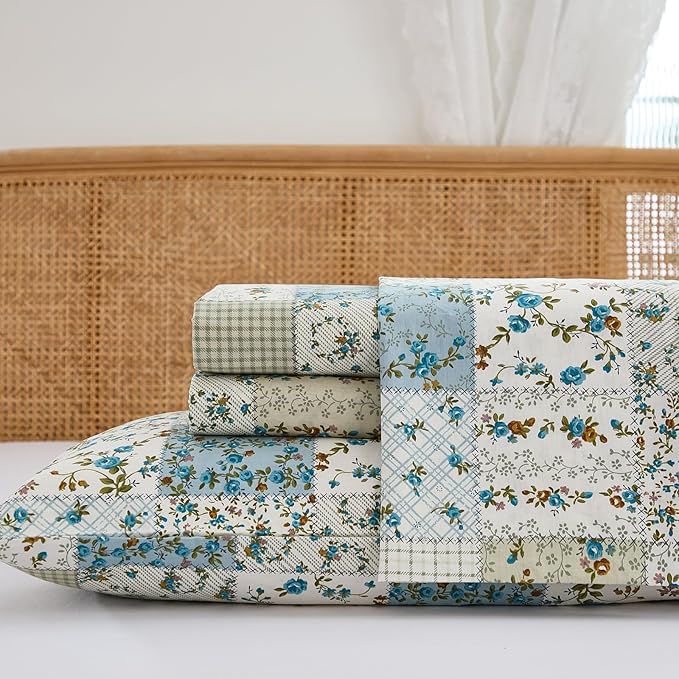 Shabby Chic Floral Patchwork Sheets Set Queen Size, Crisp Cooling Sheets with a Smooth Cotton Percale Lightweight Feel, 4 Pieces Luxury Soft Deep Pocket Fitted Sheet 17.5''