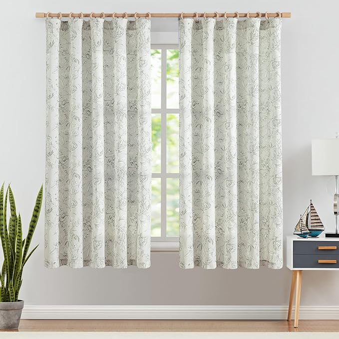 jinchan Floral Curtains 63 Inch Length Charcoal Grey Flower Linen Farmhouse Curtain for Living Room French Country Vintage Curtain Rod Pocket Curtains Set 2 Panels Gray Floral Printed