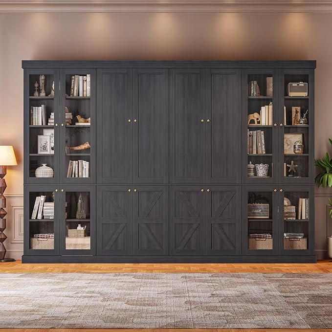 Vyre 70.8" Tall Farmhouse Bookshelf, Modular Bookcase with Glass Doors, 6-Tier Adjustable Shelves, Large Storage Cabinet for Kitchen, Living Room, Black, Set of 4