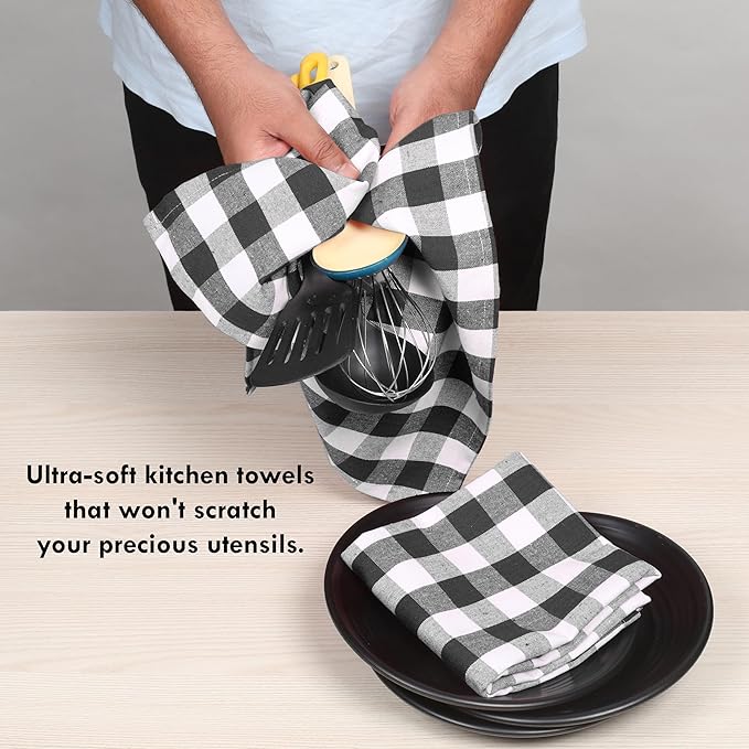 4 Pack Gingham Buffalo Check Kitchen Dish Towels 100% Cotton 16x26 Inches - Super Absorbent Quick Drying Hand Tea Towels, Restaurant Cleaning Towels with Hanging Loop, Black White