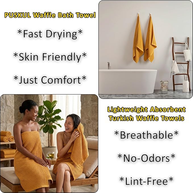 PÜSKÜL Natural 100% Turkish Cotton Waffle Bath Towels Set of 2-Piece | 32x63 Extra Large Absorbent Quick-Dry Lightweight Spa Towel | Luxury Sauna Accessories (Mustard Yellow Bath Towels - Pack of 2)