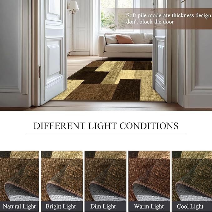 Modern Geometric Patchwork Indoor Area Rug for Living Room, Warm Taupe 4x6 Large Rug Rockwood Collection Hardwood Floors Decor for Bedroom, Taupe Throw Carpet for Office Entryway Dining Room