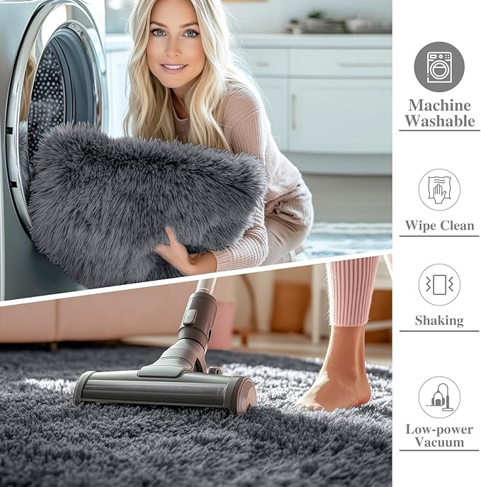 OLANLY Grey Round Rugs for Bedroom - Machine Washable, 6 ft Circle Area Rugs for Living Room, Soft and Fluffy Shaggy Carpet for Teen Girls and Boys, Nursery Rooms, Dorms, Home Decor Aesthetic