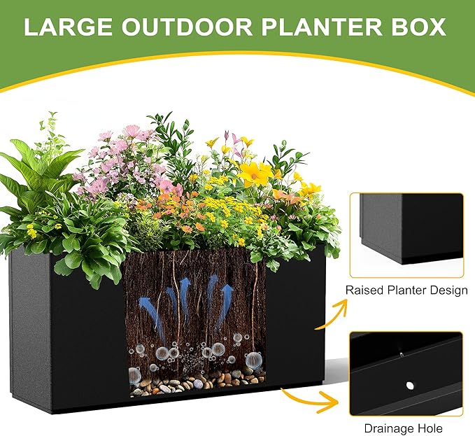 Metal Planter Box Rectangular Planter Box with Drainage Hole, Outdoor Large Planters, All-Weather Use, Rust-Resistance, for Flowers Plants, 32" L × 10" W × 16.3" H, Black
