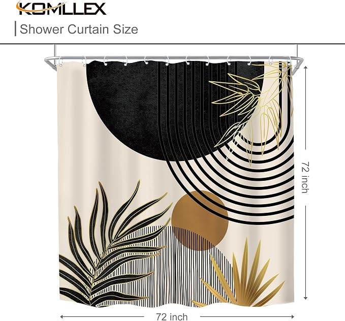 KOMLLEX Mid Century Black Gold Boho Shower Curtain 72Wx72L Inches Abstract Modern Green Shower Curtains for Bathroom Plant Botanical Minimalist Arch Sun Fabric Liner Waterproof Polyester 12 Pack Hooks