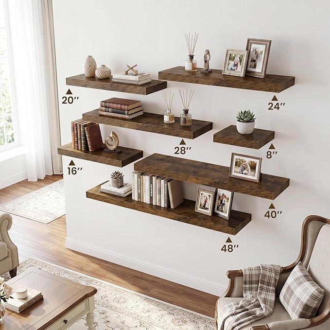 RICHFOCUS 20Inch Floating Shelves for Wall 2 Pack Shelves for Bedroom|Kitchen|Bathroom|Laundry Room Rustic Wood Wall Mounted Shelf with Invisible Brackets for Books|Storage|Decor, Rustic Brown