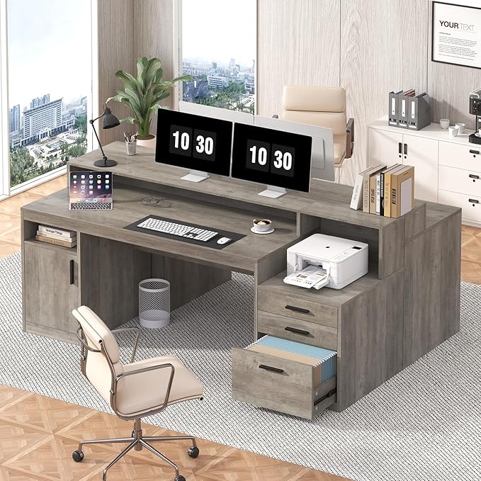 Executive Computer Desk with 3 Drawers & Storage Shelves, 65 Inch Home Office Desk with File Drawer & Cabinet, Writing Study Desks with Monitor Stand & Printer Shelf, Executive Desk, Grey