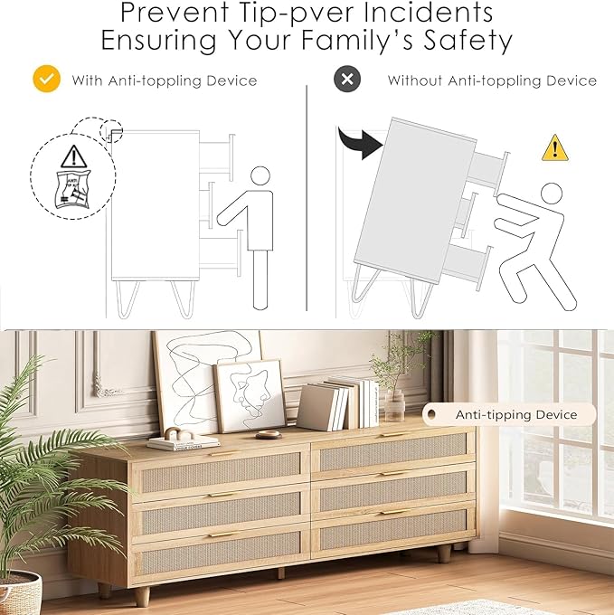 Fsbecl Rattan 6 Dresser for Bedroom, Chest of Drawers, 59'' Wide Modern Wooden Dresser Chest with Golden Handles, Storage Cabinet for Closet, Living Room, Entryway, Natural