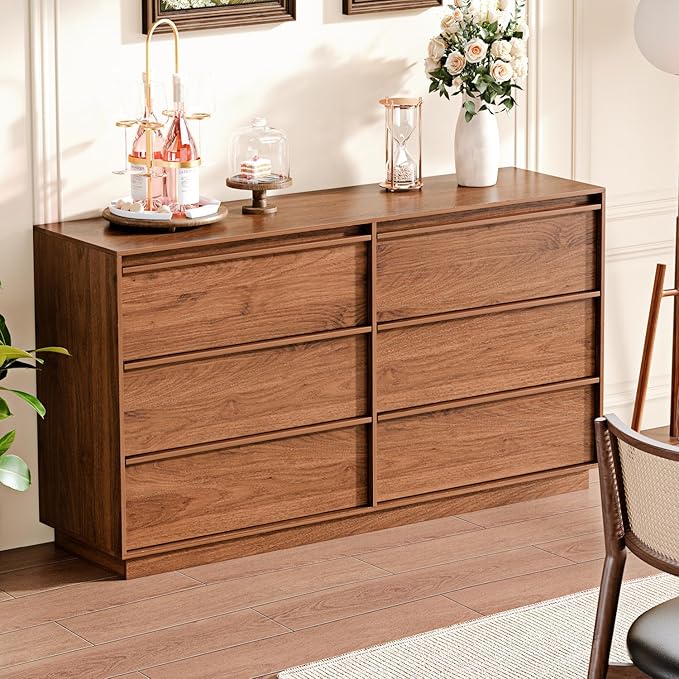 55.12" Modern Chest of Drawer, 6 Deep Drawers,Clothes Organizer,Large Storage Cabinet for Living Room, Bedroom,Dresser TV Stand, Wood Drawer Organizer for Living Room, Hallway, Umber