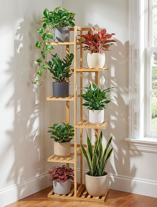 ROSSNY 48 Inch Talll Plant Stand Indoor, 6 Tier 7 Potted Bamboo Plant Stands for Indoor Plants, Corner Plant Stand, Plant Shelf For Indoor, Tiered Plant Stands, Indoor Plant Holder, Natural