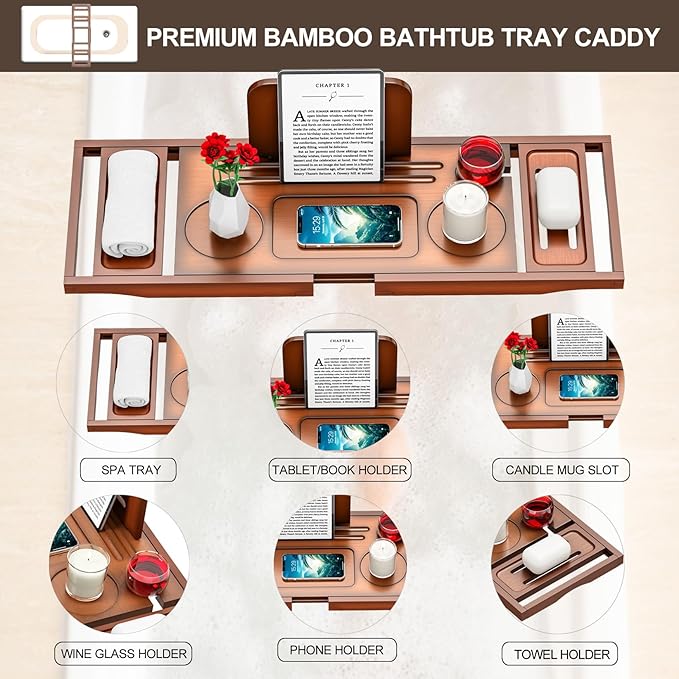 Bathtub Tray Caddy - Bath Tray - Bath Tub Tray Caddy - Bamboo Bath Table Tray for Tub - Expandable Size, Fits Most Tubs