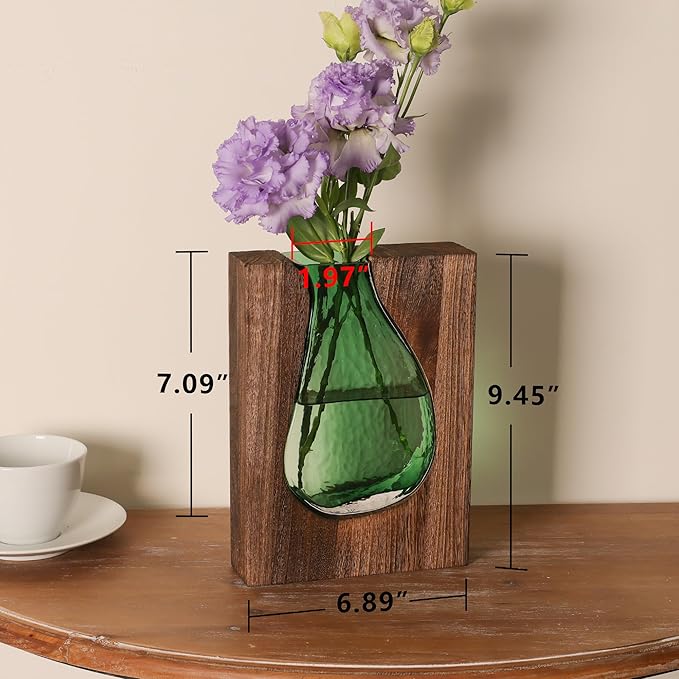 Wood and Glass Inlay Vases Farmhouse Wooden Glass Flower Vase Solid Wood Glass Vase Home Decor Vases for Centerpiece (9.29 Inches)