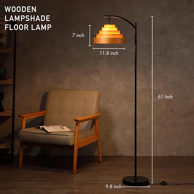O’Bright Strata Wooden Floor Lamp - Mid Century Modern Standing Lamp with Layered Wood Shade, Tall Reading Lamp for Living Room, Bedroom, Office, Black, Light Oak, Cascade Shade