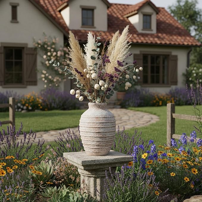 Rustic Ceramic Flower Vase,6.9 Inch Pottery Farmhouse Vases for Home Decor Boho Terracotta Vase Decorations Vintage Floral Vase Decor for Living Room,Table,Bedroom,Shelf,Mantel,Kitchen-Warm Sand Beige