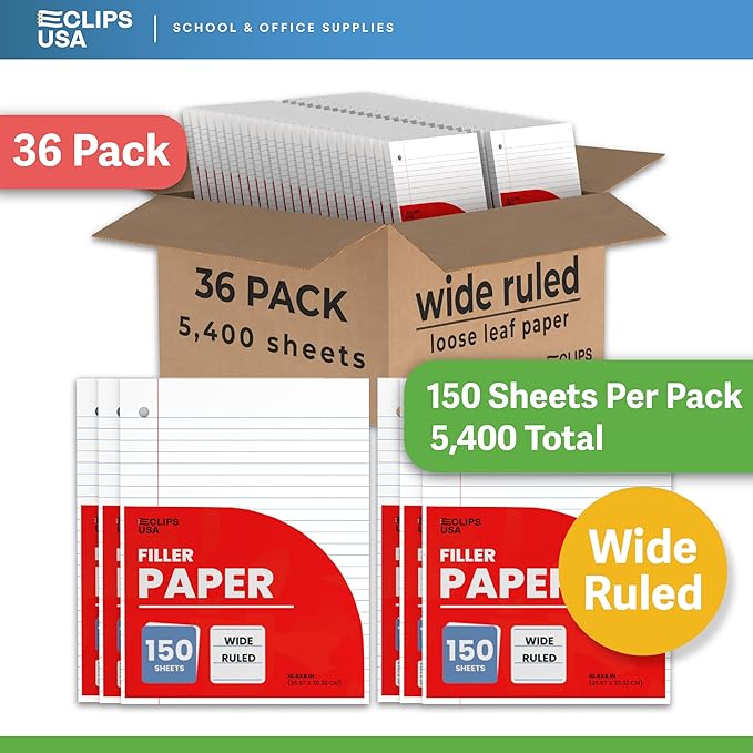 Wide Ruled Loose Leaf Paper Wide Ruled Notebook Paper Lined Writing Filler Paper 10.5” x 8” 56 gsm 4500 Sheets 150 Sheet Per Pack (36 Pack)