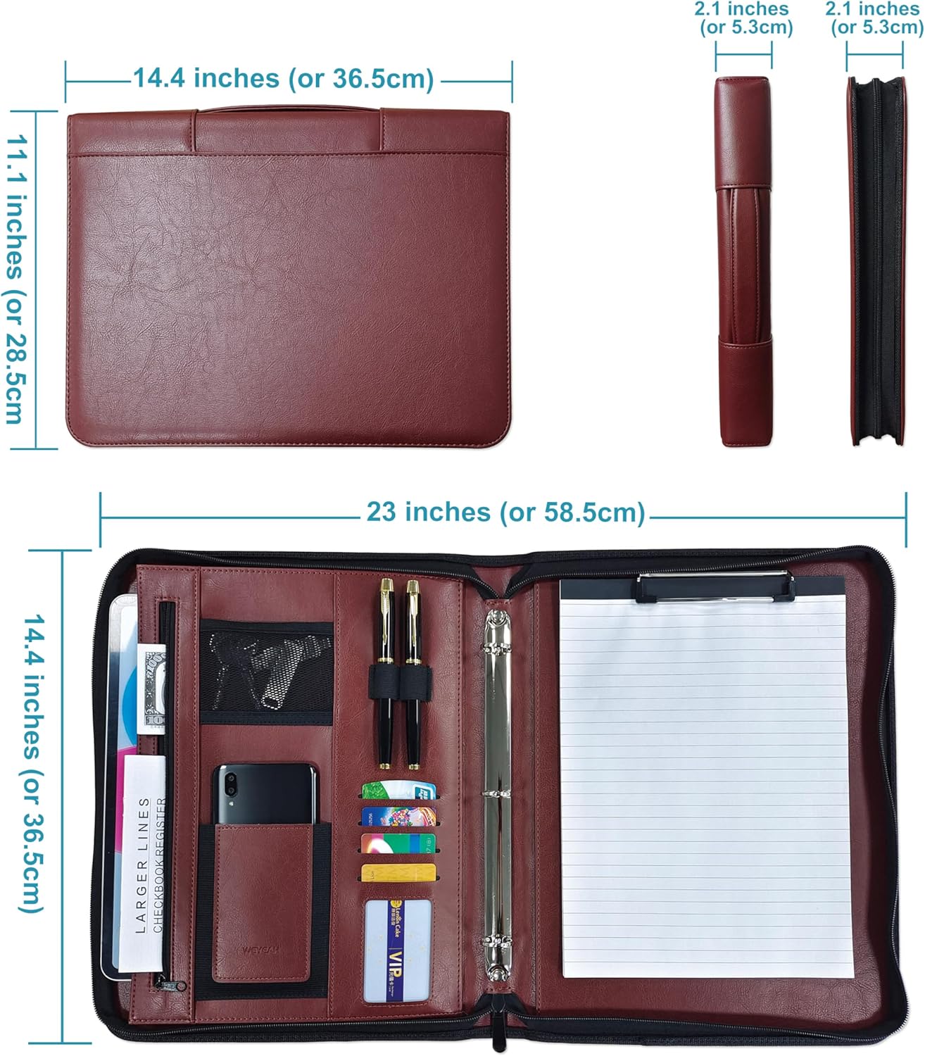 Skiennix Faux Leather Portfolio Binder - Stylish Business Padfolio with Handle & Zippered Organizer (Brown)