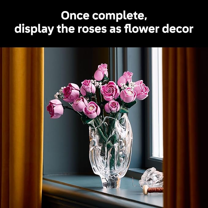 LEGO Botanicals Bouquet of Pink Roses Artificial Flowers - Building Blocks for Adults, Ages 18+ - Flowers for Home Office, Shelf or Room Decor - Gift for Women & Men - 10374