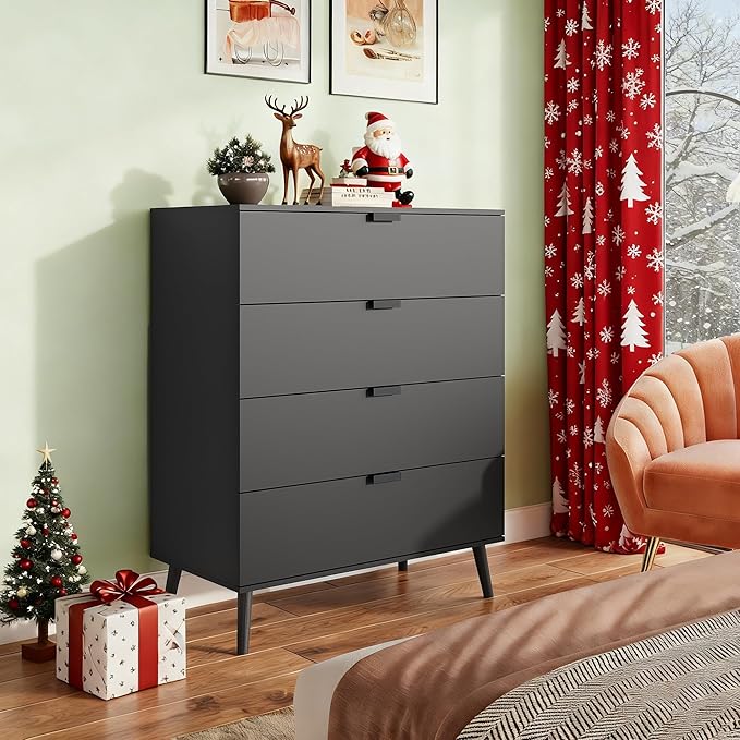 WLIVE 4 Drawer Dresser for Bedroom, Wooden Black Tall Dresser, Modern Dressers with Sturdy Metal Handle, Small Chest of Drawers for Living Room, Hallway