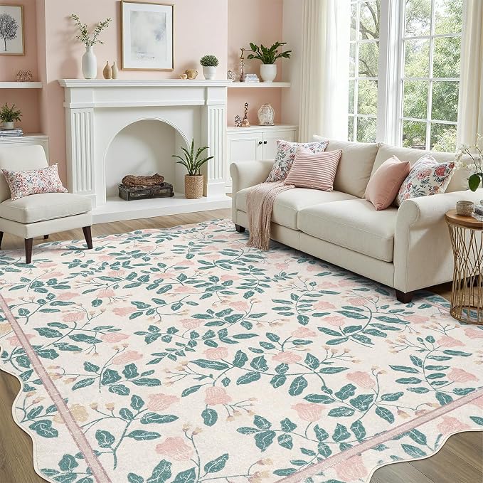 DCX Pink Botanical 5x7 Rug, Machine Washable Non Slip Stain Resistant Carpet, Kid & Pet Friendly Low Pile Floral Scalloped Rug for Living Room, Bedroom, Home Office