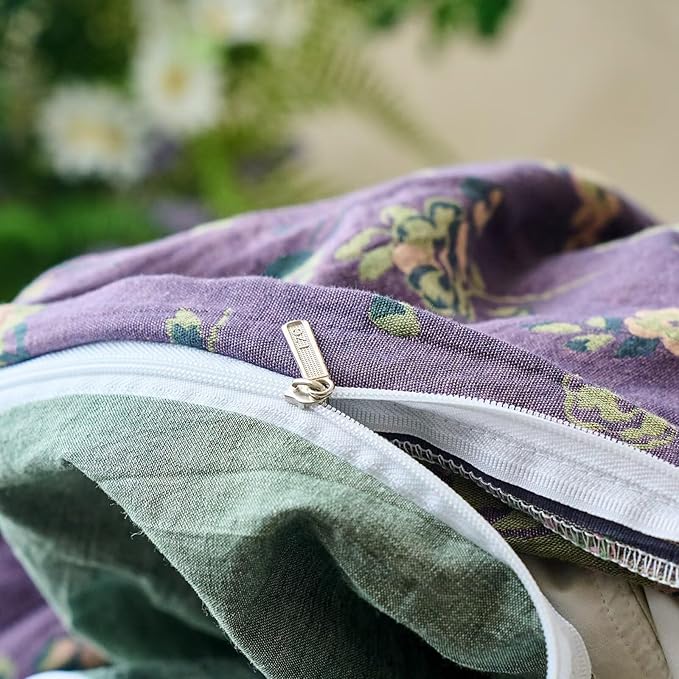 mixinni Vintage Floral Duvet Cover Queen Set - Purple & Green Reversible Jacquard, 100% Yarn-Dyed Double-Layer Cotton, Breathable Luxury Bedding (3-Piece, Includes 2 Pillowcases) Farmhouse & Bohemian