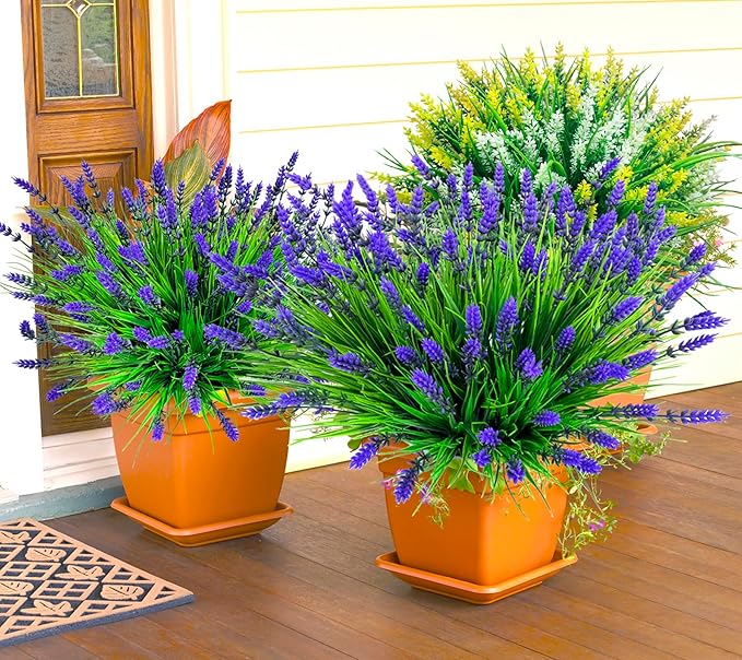 Artificial Faux Plants Flowers for Outdoors Decor, 22 Pcs Fake Lavender Flowers Outdoor UV Resistant, Realistic No Fade Realistic Outdoor Plants Greenery Shrubs for Porch Garden Yard Window Box Home