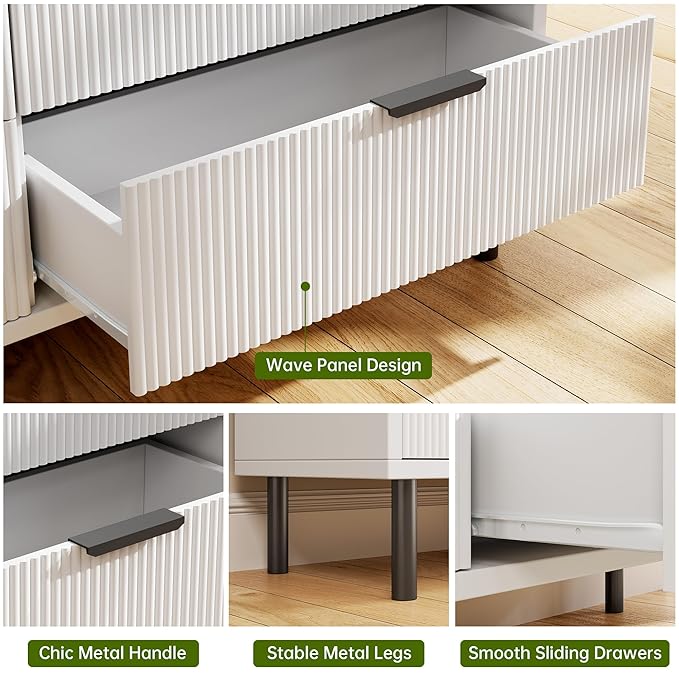GarveeHome White Fluted 6 Drawer Dresser, Wide Wood Double Dresser with Metal Legs and Handles, Modern Chest of Drawers with Anti-Tipping Design for Bedroom Living Room, Hallway