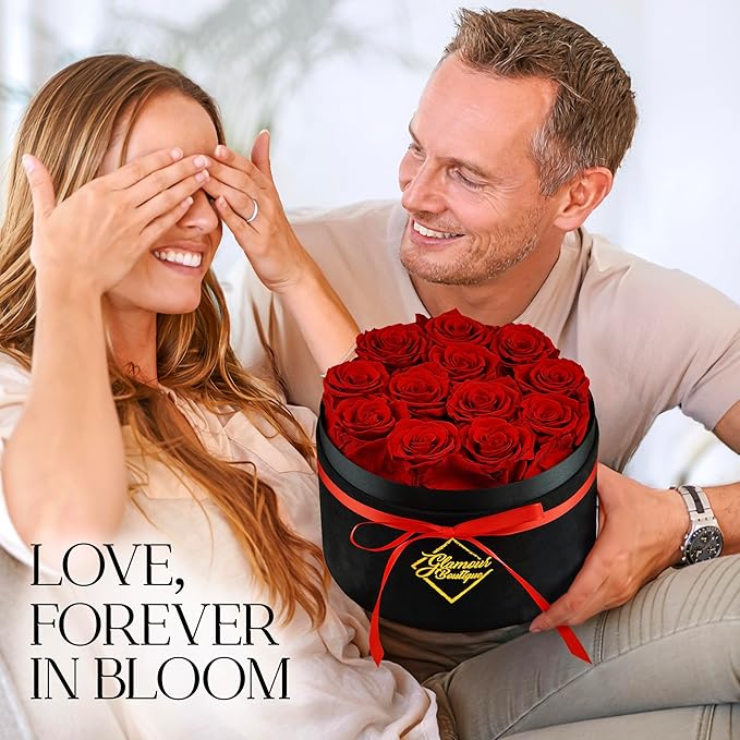 GLAMOUR BOUTIQUE Flowers Forever Gift Box 12 Real Preserved Roses in a Velvet Black Box, Birthday for Her Mom and Wife, Mothers Day, Anniversary, Graduation - Red