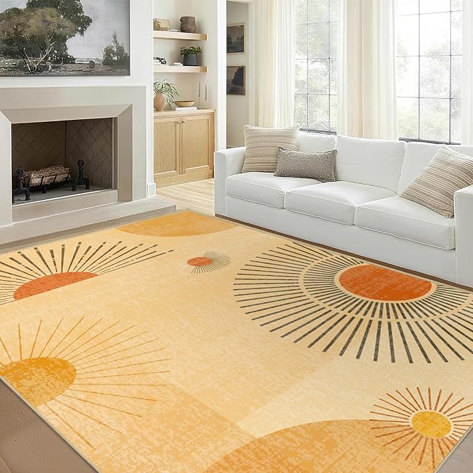 Large Area Rug 6x9 Sun Rug Living Room Mid Century Modern Rugs Machine Washable Boho Geometric Rug Non Slip Printed Low Pile Indoor Floor Carpet for Dining Room Bedroom Office,Yellow