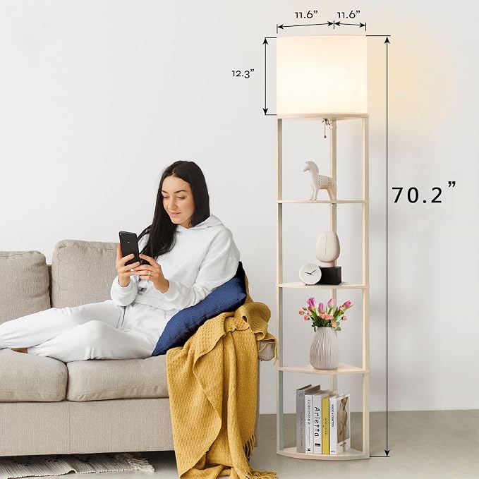 Corner Floor Lamp with Shelves, Tall Corner Lamp with Fabric Shade, Modern Torchiere Lamp for Living Room, Bedroom, Office, Corner Display Shelf with Light, Home Decor