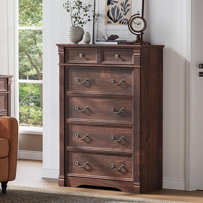 Walnut Dresser for Bedroom, Farmhouse 6 Chest of Drawers, 47" Tall 6 Drawer Dresser Storage with Wood Pilasters and Metal Handles, Vintage Design, Drawer Organizer for Bedroom, Hallway