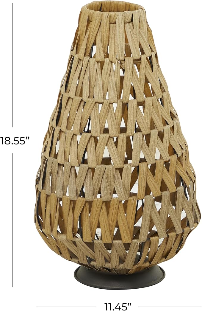 Deco 79 Plastic Rattan Handmade Decorative Candle Lantern with Wrapped Zig Zag Design, 11" x 11" x 19", Light Brown