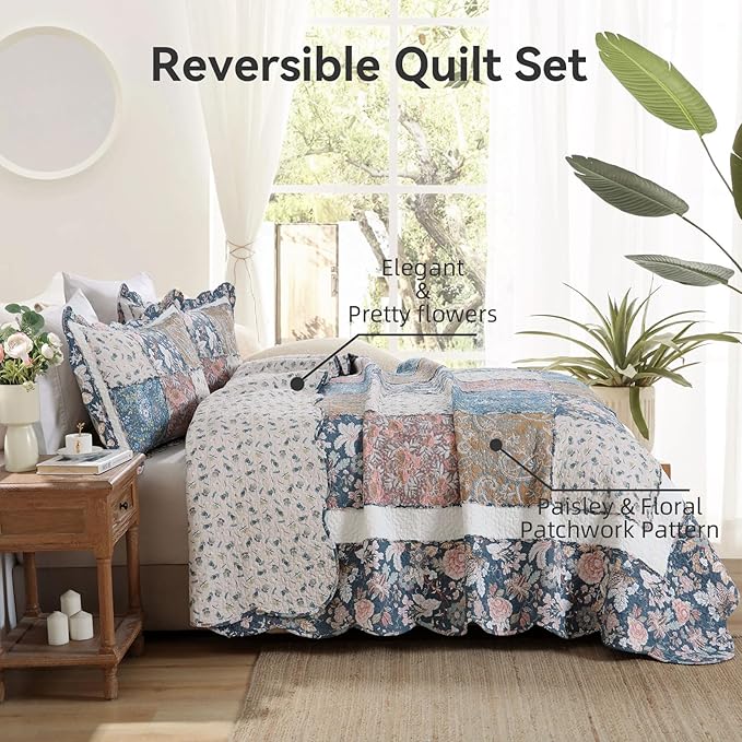 Yvooxny 3-Piece Quilt Set Queen Size Quilted Bedspread Reversible Country Style Blue Floral Paisley Real Patchwork Bedding Quilt Set with Ruffles with Pillowcases for All Seasons, 98 * 90 Inches