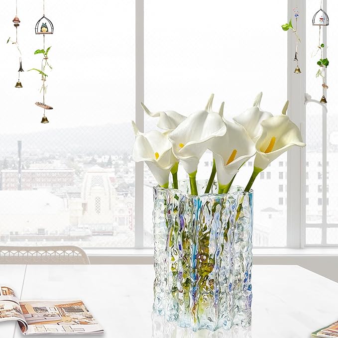 Aoderun Glass Vase Crystal Vase Heavy Duty Large Flower Vase for Dining Table Kitchen Office Home Shelf Wedding Living Room Centerpieces(Iridescent Clear)