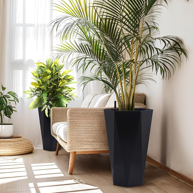 22.4 Inch Tall Planters for Outdoor Indoor Plants Set of 2, Tapered Large Flower Pots with 2 Trays and a Water Level Monitor with Wheels Planter Pots, Plant Pot for Patio, Balcony, Lounge