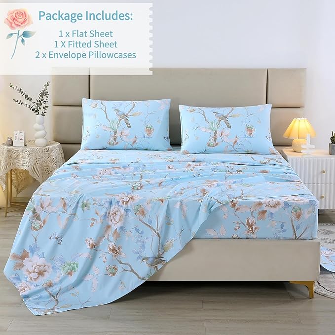 RYNGHIPY Egyptian Cotton Bed Sheet Set Blue Bird Botanical Pattern Bed Sheets Deep Pocket Fitted Sheet Tree Branches Print Bedding Soft Breathable (Light Blue,Queen Size)