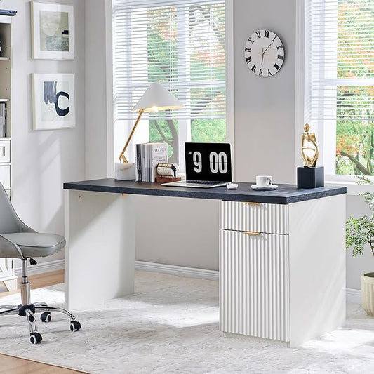 JXQTLINGMU 60" Modern Executive Desk with Storage, Wood Home Office Desk with Drawer & Cabinet, Fluted Computer Writing Desk for Study, Living Room, Bedroom, Antique White