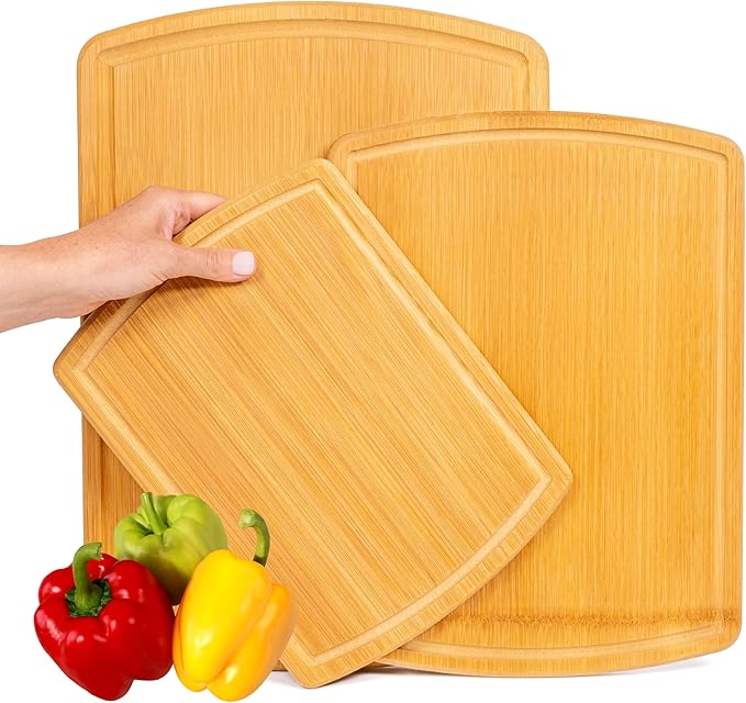 Bamboo Cutting Boards for Kitchen with Glue-Free Surface and Lifetime Replacements – Organic Wooden Chopping Board with Juice Grooves for Carving & Serving, Non Toxic & Durable by Greener Chef
