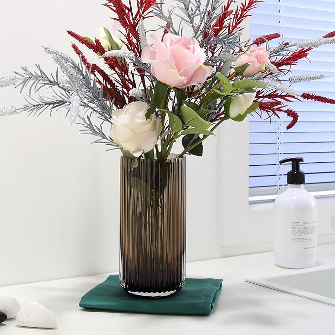 Small Cylinder Ribbed Brown Glass Flower Vase for Farmhouse Dining Table Centerpieces Decor
