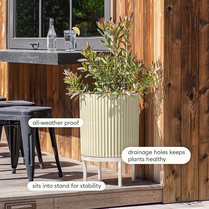 Veradek Demi Series Round Planter w/Stand for Porch/Patio | Durable Plastic-Stone Composite & Wooden Stand | Modern Décor for Tall Plants, Flowers