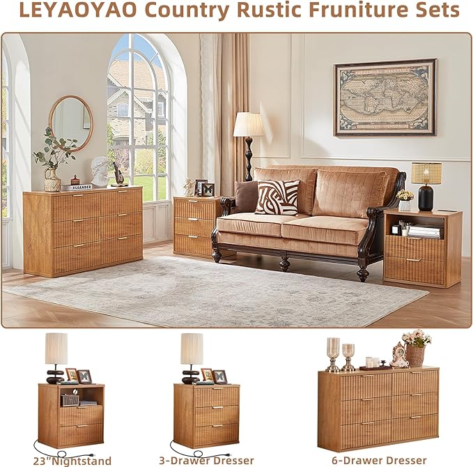 LEYAOYAO Fluted 6 Drawers Dresser Set of 2, 48" Wide Modern Chest of Drawers with Woodgrain Top, Curved Profile Design, Dresser TV Stand, Wood Drawer Organizer for Bedroom, Living Room, Hallway,Brown