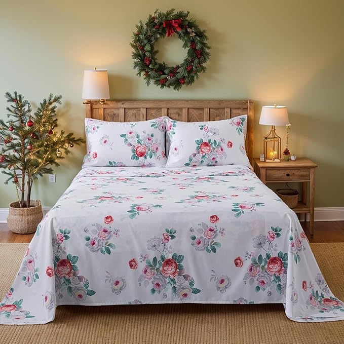 FADFAY Red Vintage Peony Floral King Size Sheets Set 100% Brushed Cotton Shabby Purple Rose Pattern Bedding Set Deep Pocket Sheets with 2 Pillowcases Luxury Breathable Soft 4pcs, King Size