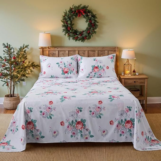 FADFAY Red Vintage Peony Floral King Size Sheets Set 100% Brushed Cotton Shabby Purple Rose Pattern Bedding Set Deep Pocket Sheets with 2 Pillowcases Luxury Breathable Soft 4pcs, King Size