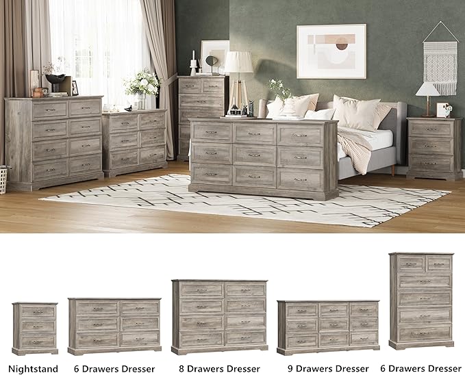 6 Drawer Dresser for Bedroom, 49" Tall Wooden Chest of Drawers, Rustic Farmhouse Dresser with Large Drawers & Metal Handles, Modern Storage Organizer for Closet, Living Room, Hallway, Grey