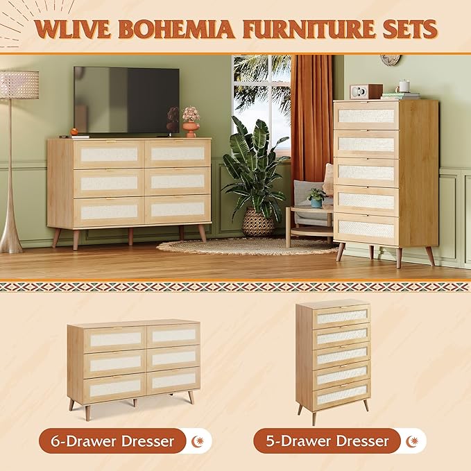 WLIVE Rattan Dresser for Bedroom, 50" Tall 5 Drawer Wooden Chest of Drawers, Boho Dresser Closet Storage Organizer for Living Room, Hallway, Light Oak