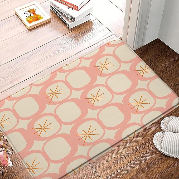 Mid Century Modern Bath Mat Abstract Atomic Geometric Retro 1950s Pink Bathroom Kitchen Toilet Rugs,16x24 Inch